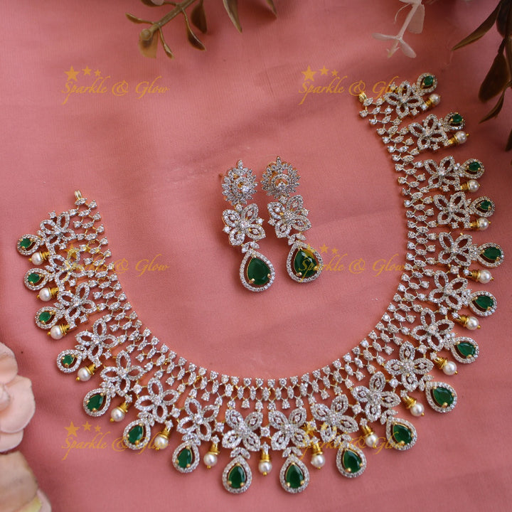 Elegant Floral design American diamond short necklace with emerald and pearls