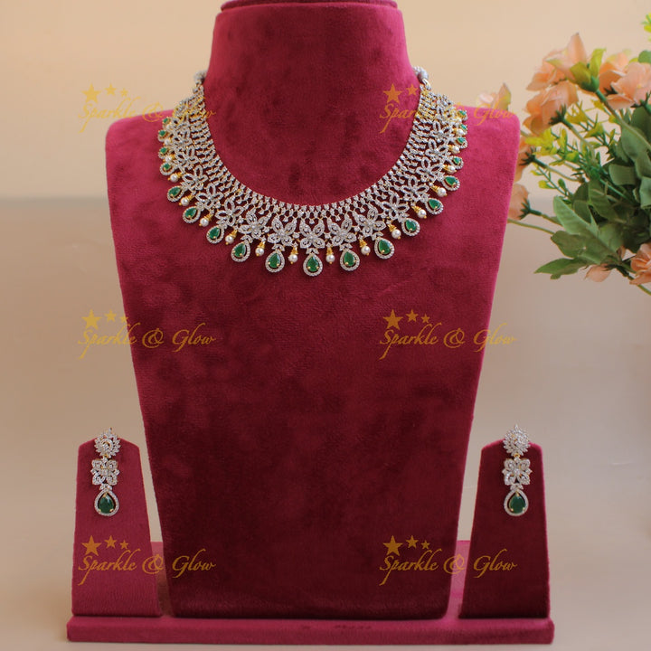 Elegant Floral design American diamond short necklace with emerald and pearls