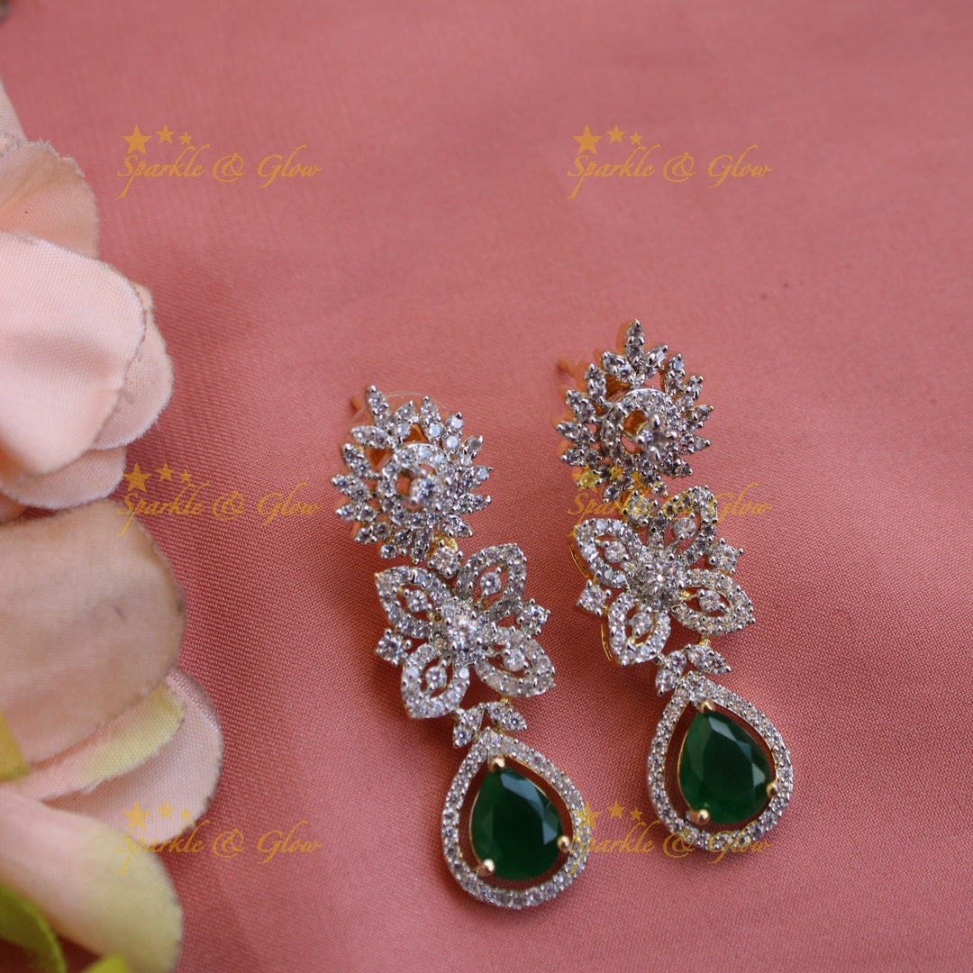 Elegant Floral design American diamond short necklace with emerald and pearls