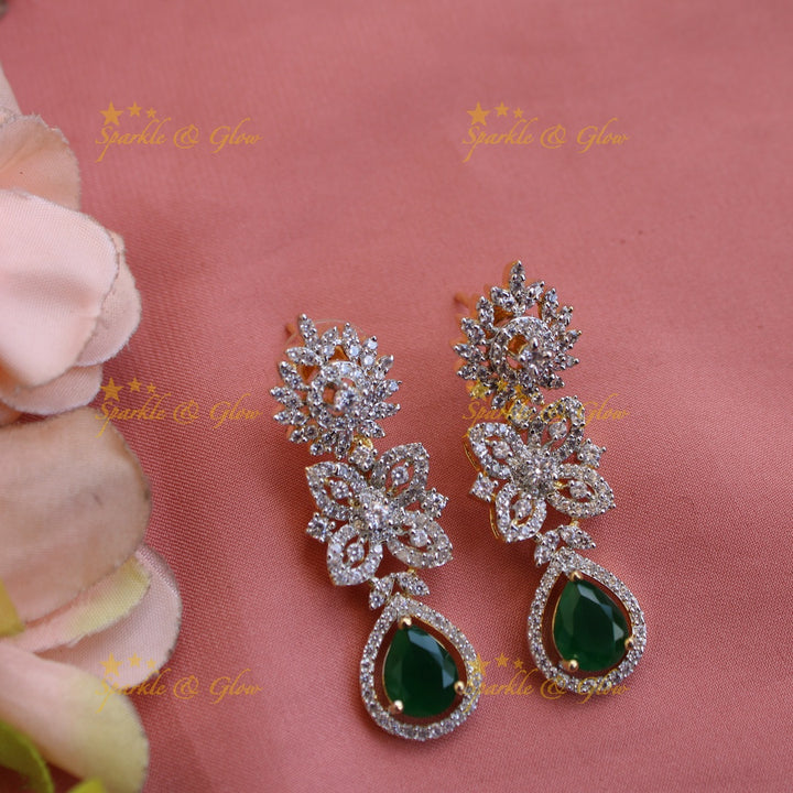 Elegant Floral design American diamond short necklace with emerald and pearls