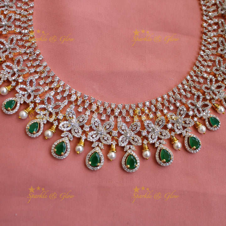 Elegant Floral design American diamond short necklace with emerald and pearls