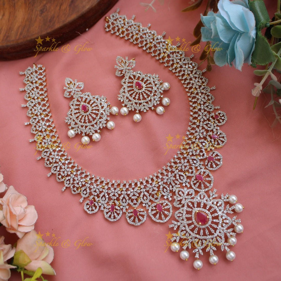 Glittering Floral design American diamond short necklace with ruby and pearls - Sparkle and Glow - Back Thread - 