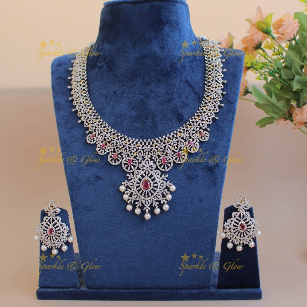 Glittering Floral design American diamond short necklace with ruby and pearls - Sparkle and Glow - Back Thread - 