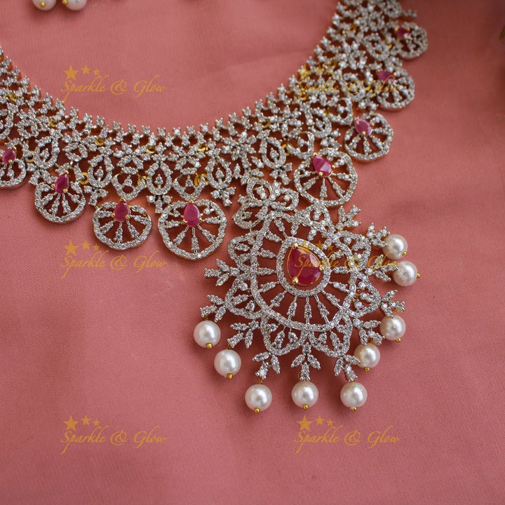 Glittering Floral design American diamond short necklace with ruby and pearls - Sparkle and Glow - Back Thread - 