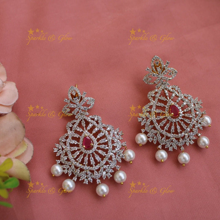 Glittering Floral design American diamond short necklace with ruby and pearls - Sparkle and Glow - Back Thread - 
