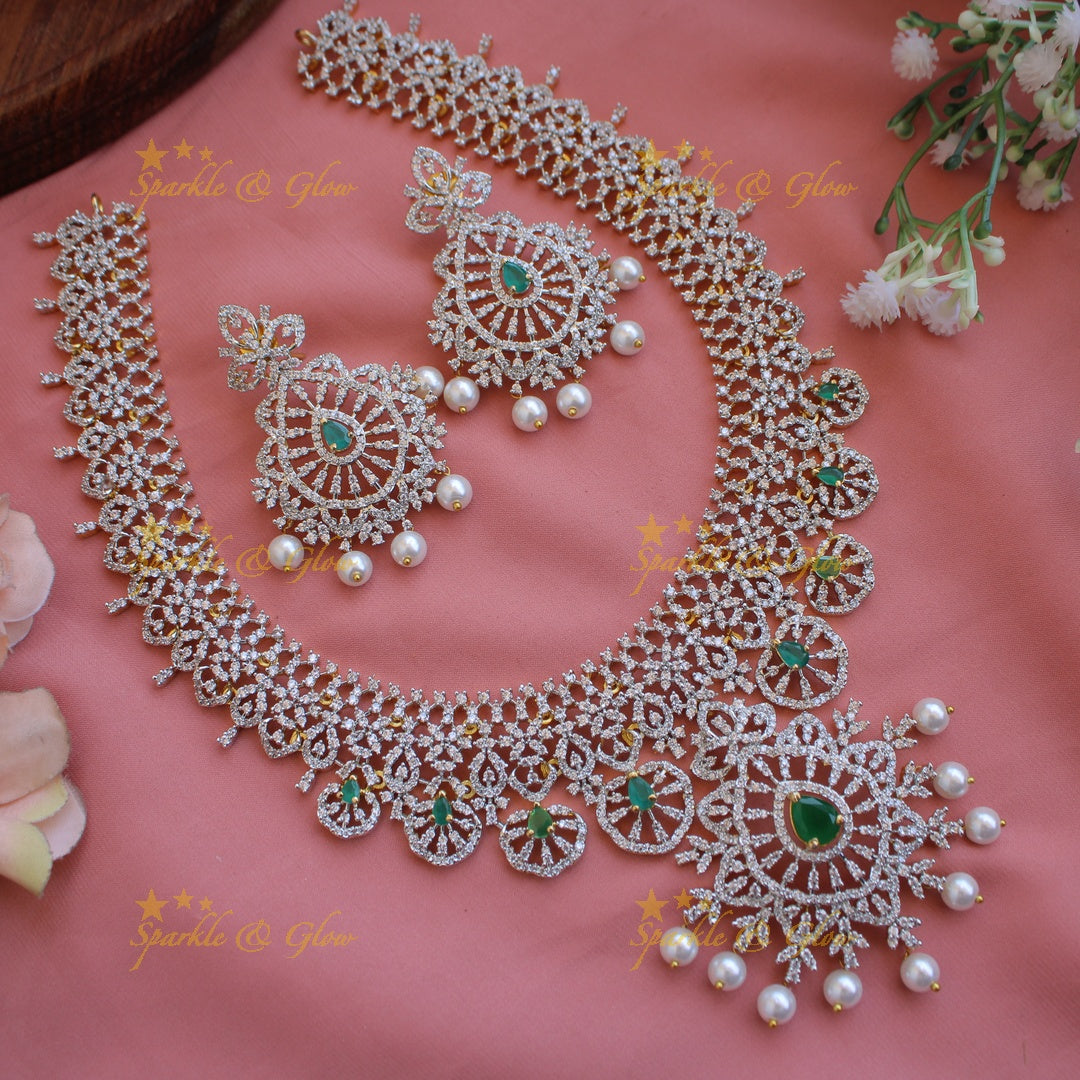 Glittering Floral design American diamond short necklace with emerald and pearls - green