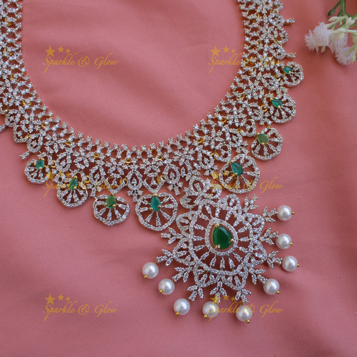 Glittering Floral design American diamond short necklace with emerald and pearls - green