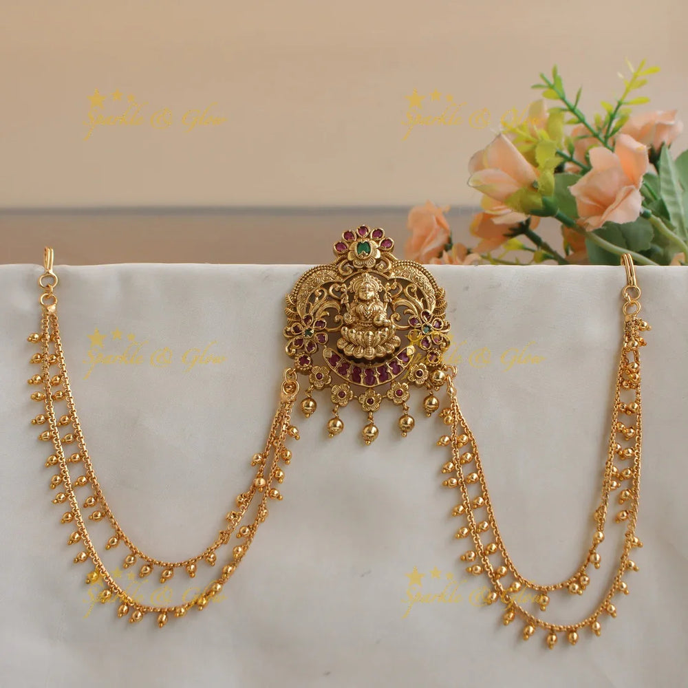 Stunning Lakshmi flower carved Jada billa with pearl maatil with ruby and emerald - Sparkle and Glow