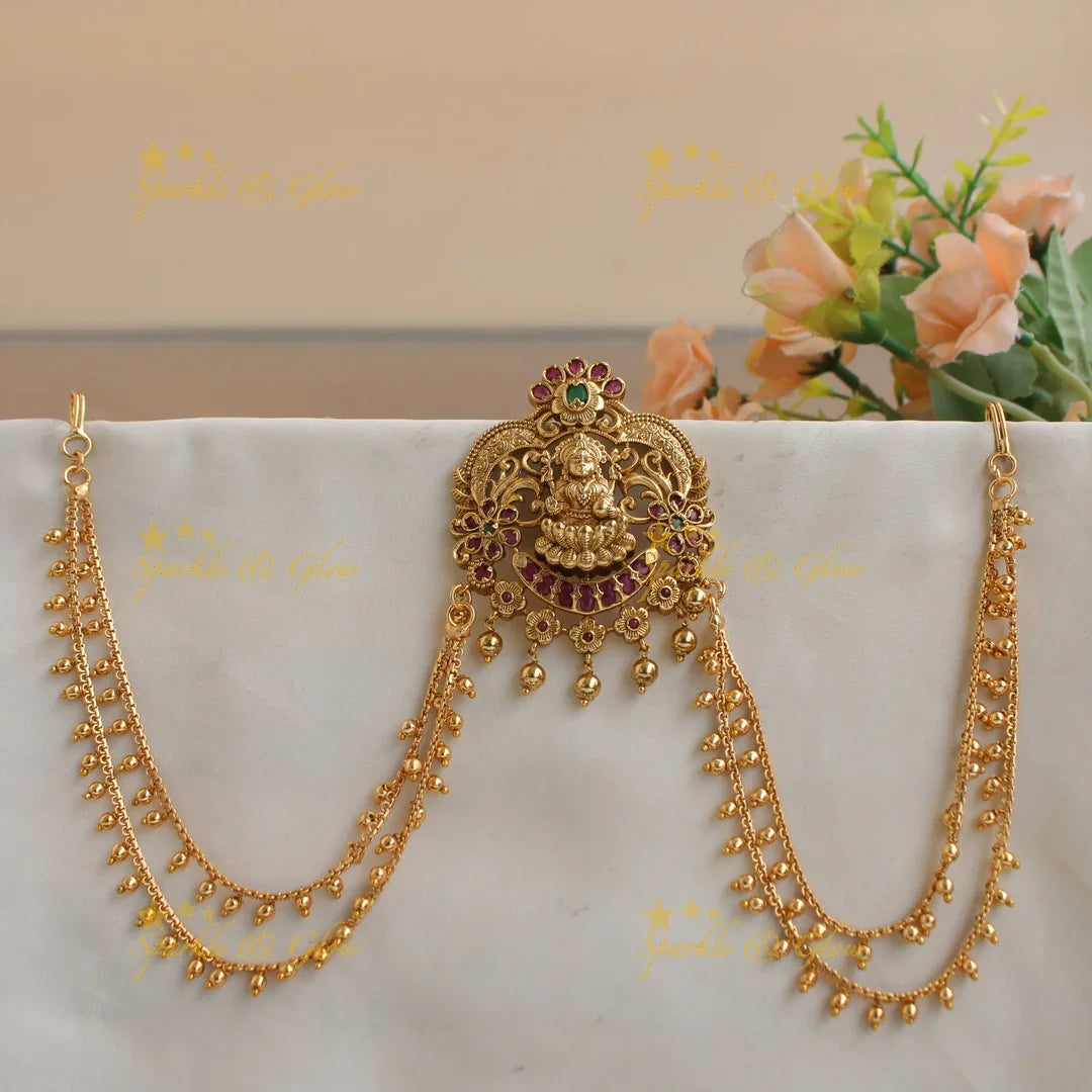 Stunning Lakshmi flower carved Jada billa with pearl maatil with ruby and emerald - Sparkle and Glow