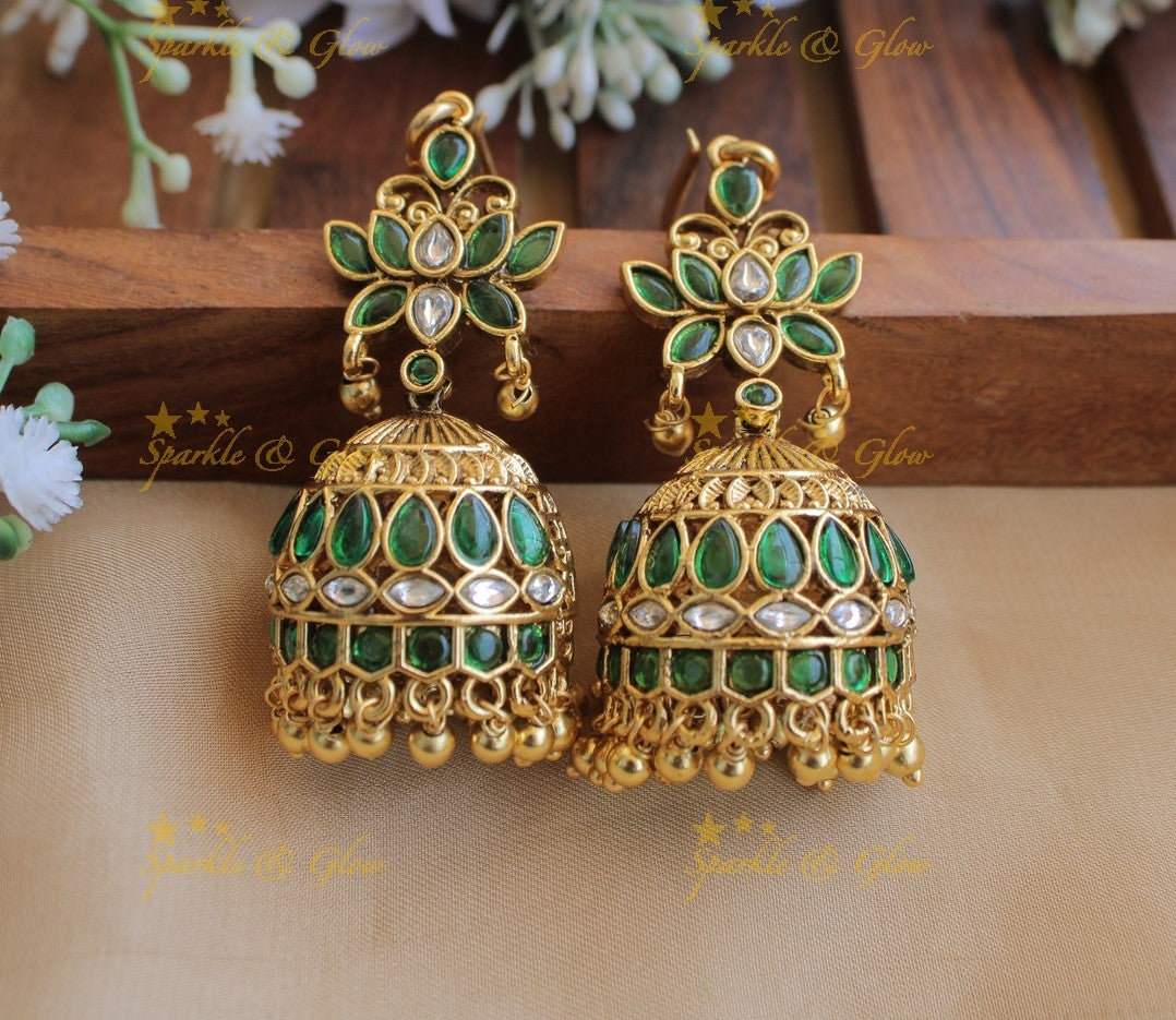 Gold alike Lotus Floral Kemp Jhumuka-Green