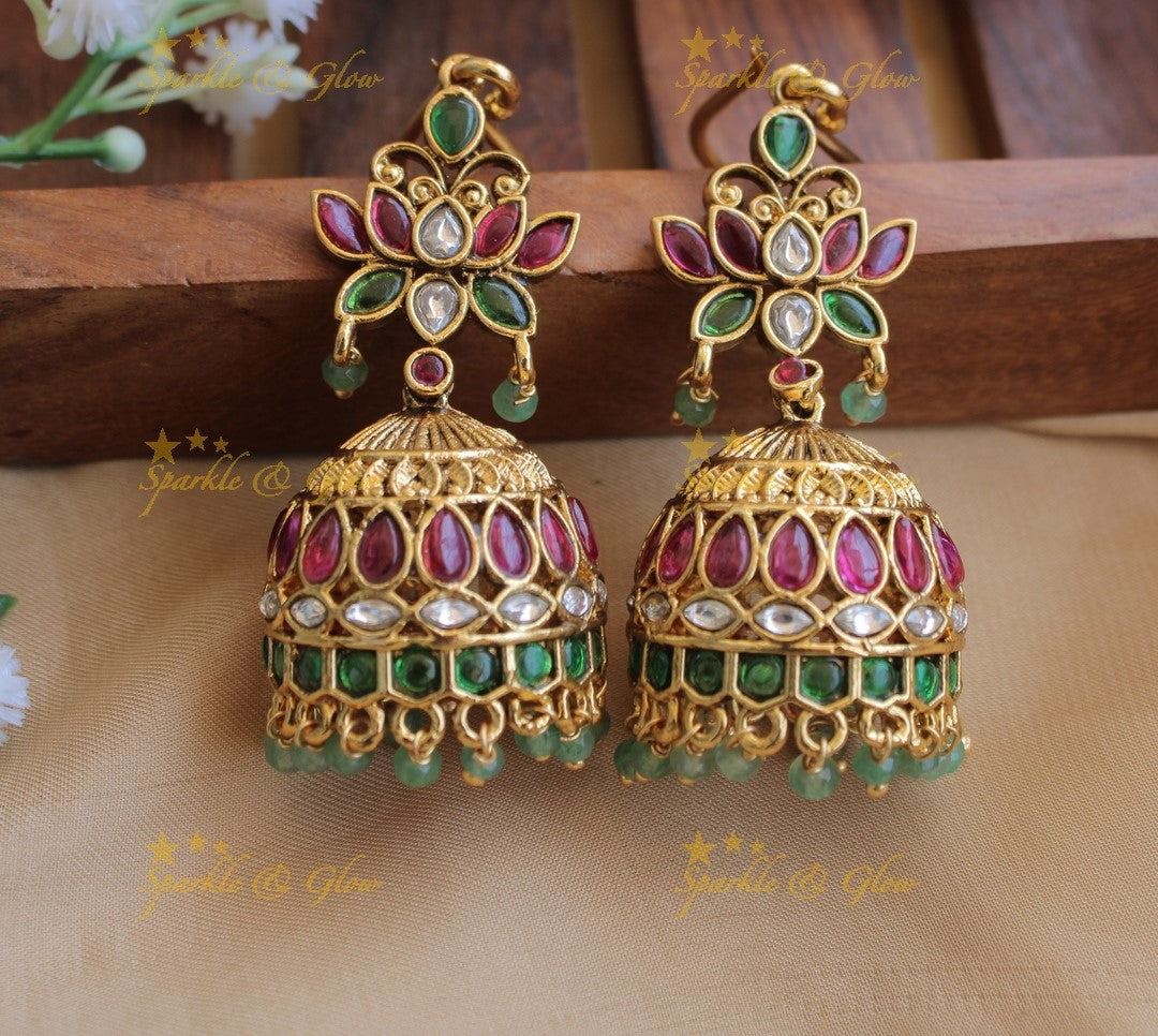 Gold alike Lotus Floral Kemp Jhumuka-Green