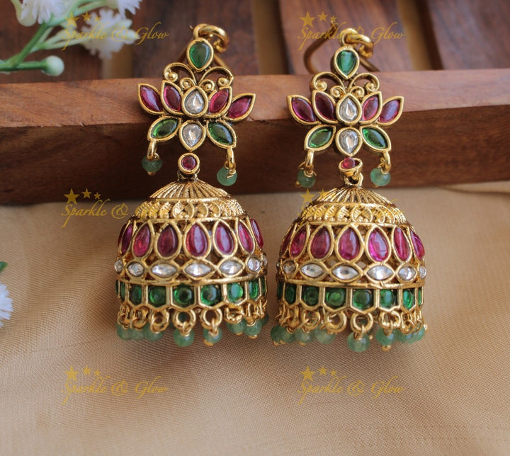 Gold alike Lotus Floral Kemp Jhumuka-Green