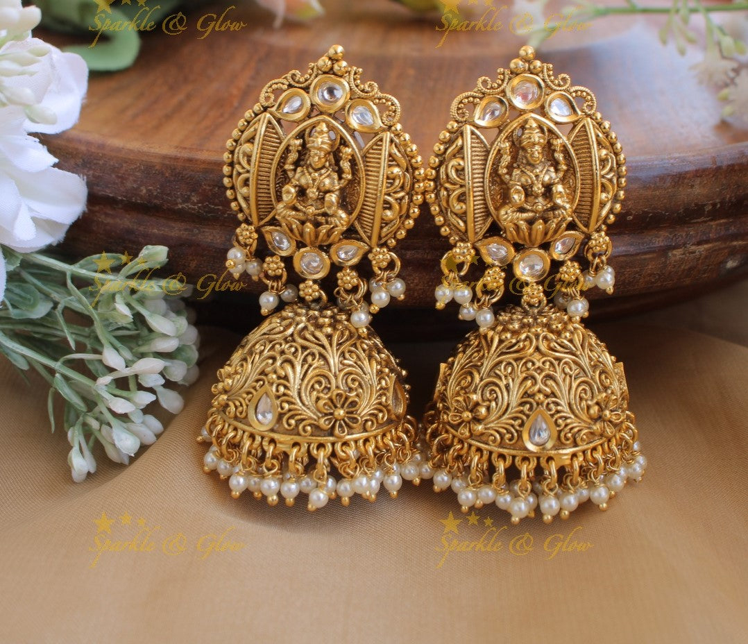 Goddess Mahalakshmi Jhumukas with Pearl beads