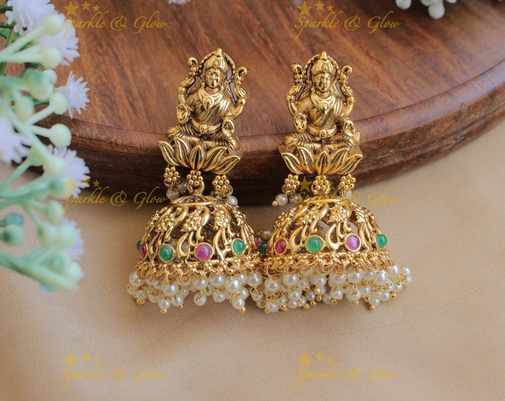 Idol Lakshmi Peacock carved Jhumukas- Multi