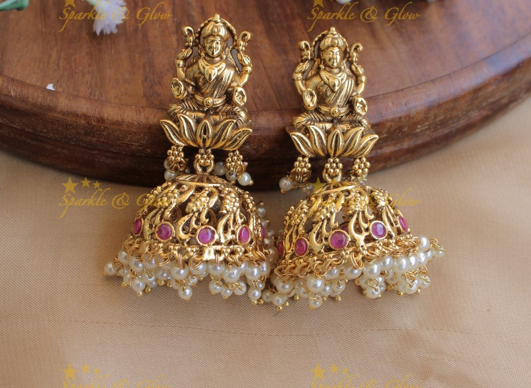 Idol Lakshmi Peacock carved Jhumukas- Multi