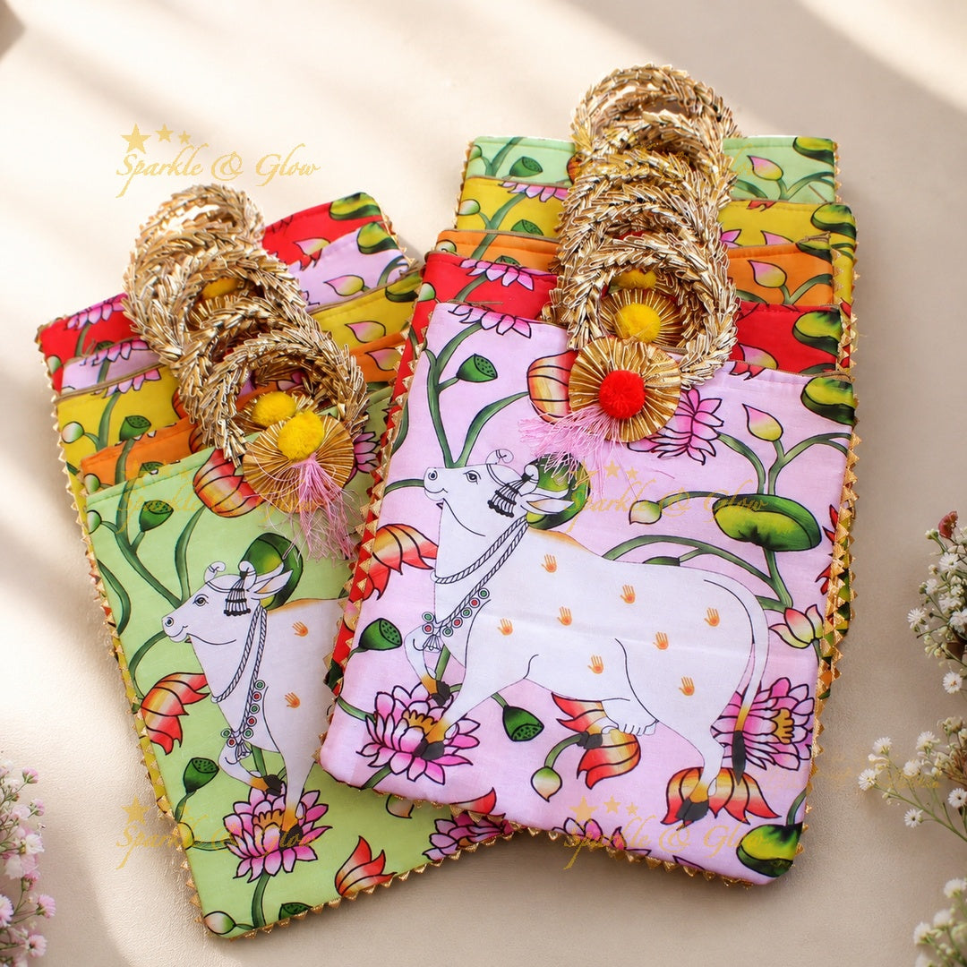 Pichwai Print 8.5" Rectangle Bag with Round Handle- Set of 10pcs