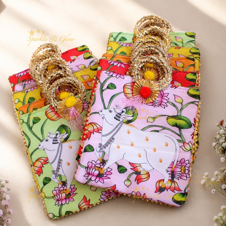 Pichwai Print 8.5" Rectangle Bag with Round Handle- Set of 10pcs
