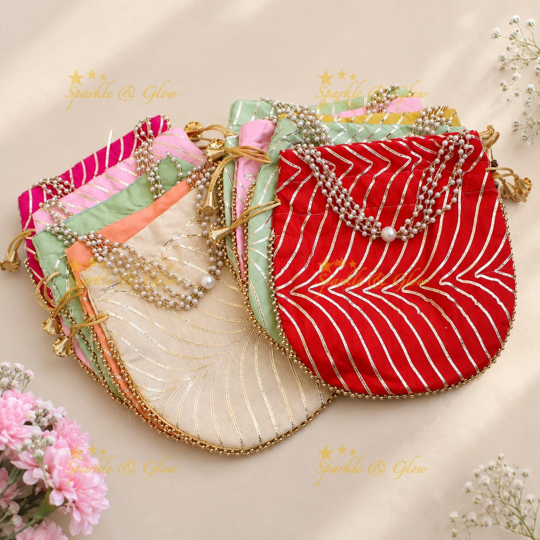 Gold Beaded 8.5" Pearl Potli Bags for Weddings- Set of 10pcs