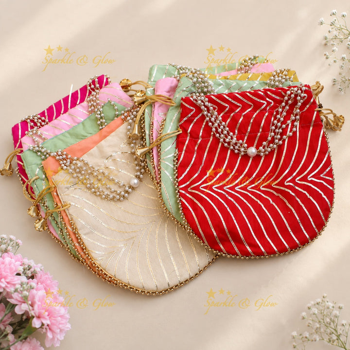Gold Beaded 8.5" Pearl Potli Bags for Weddings- Set of 10pcs