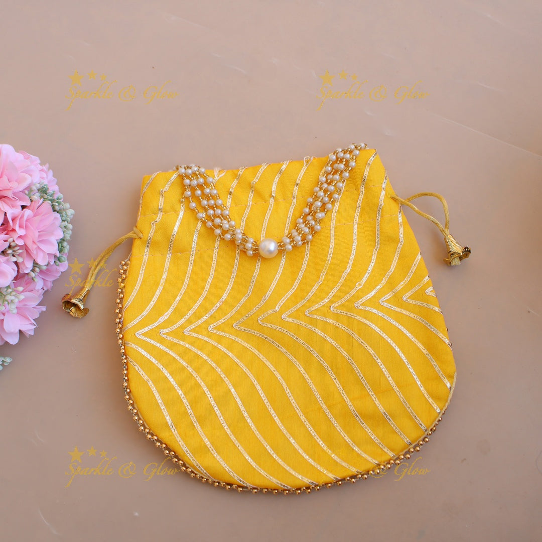 Golden work 8.5*8 inch potli bags with gold beads and pearls