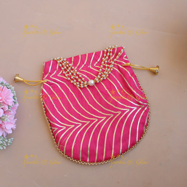 Golden work 8.5*8 inch potli bags with gold beads and pearls