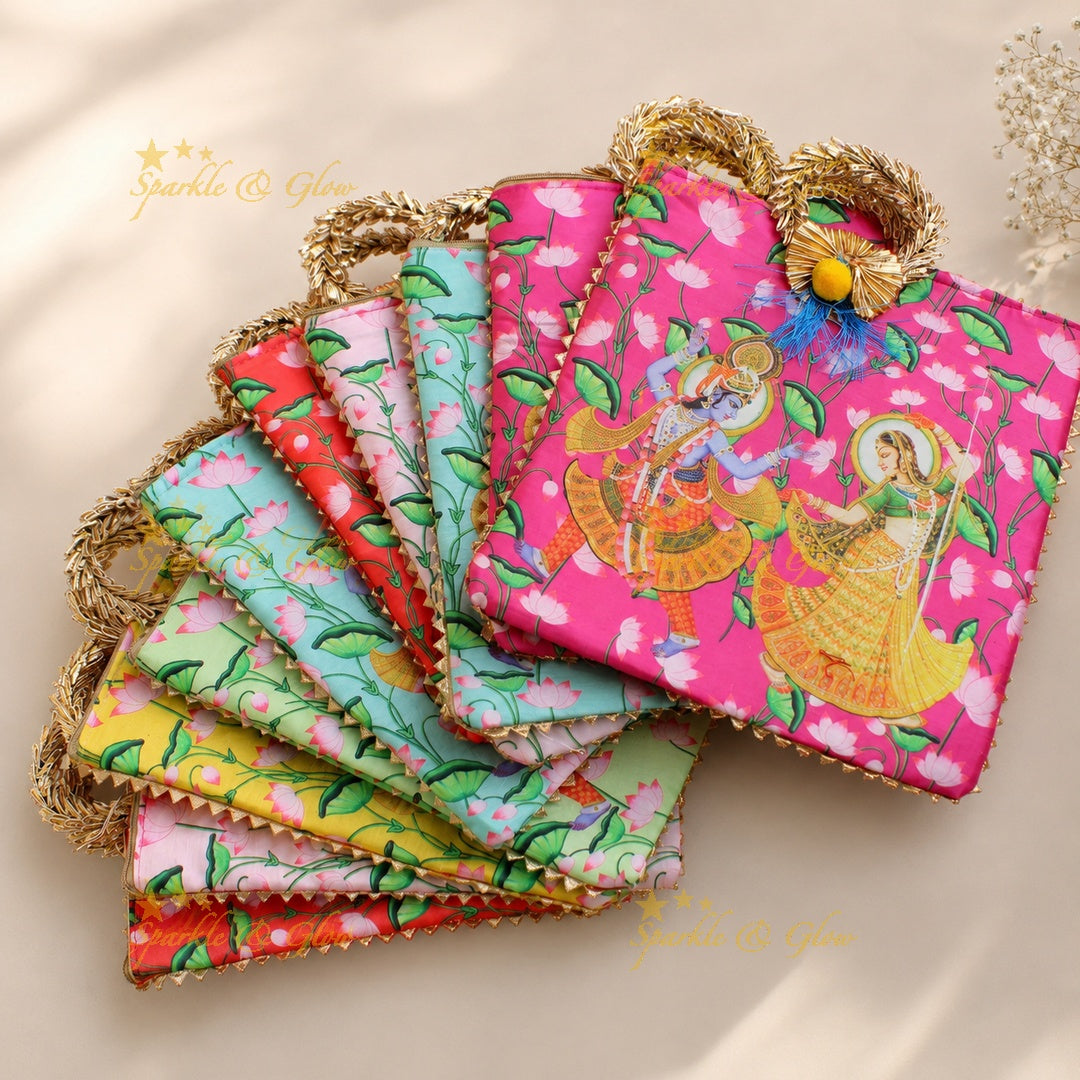 Radha Krishna Pichwai Print Handle Bag 8.5x8"- Set of 10pcs