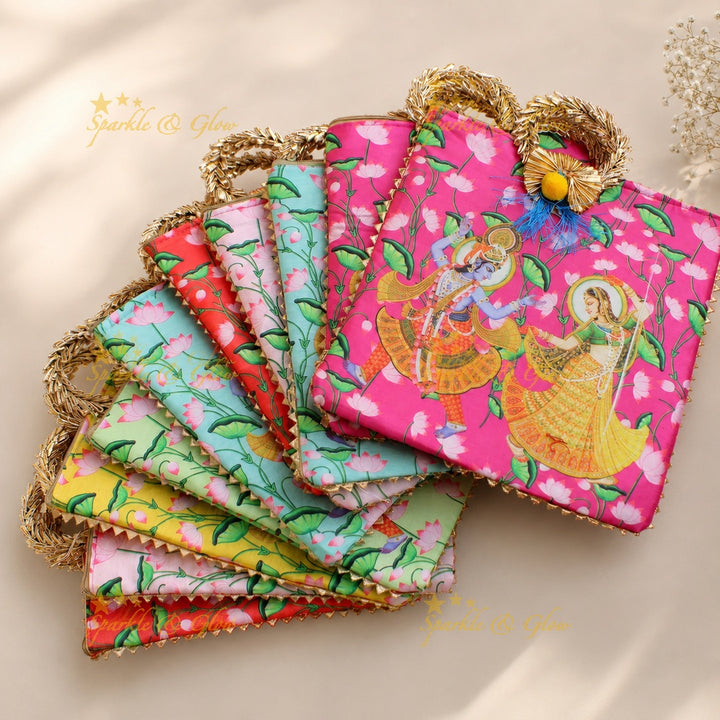 Radha Krishna Pichwai Print Handle Bag 8.5x8"- Set of 10pcs