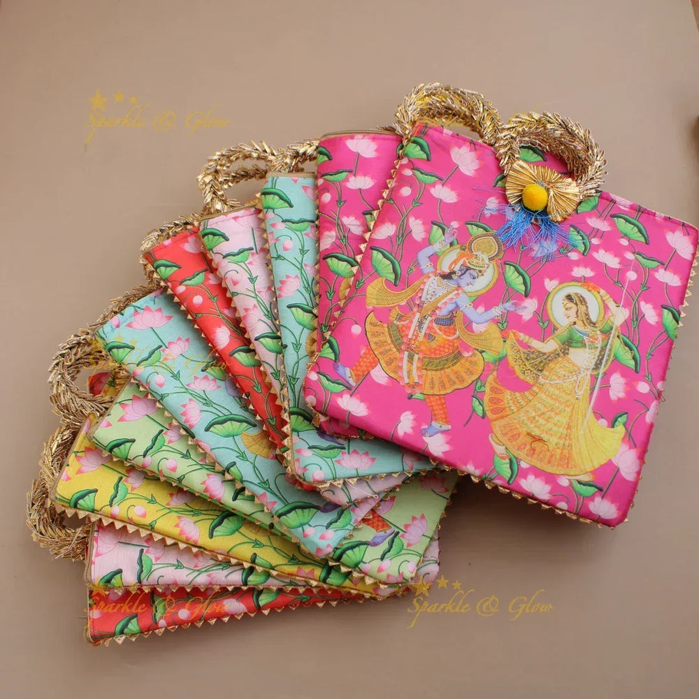 Gorgeous Radha Krishna Pichwai printed 8.5*8 inch rectangle bags round handle - Sparkle and Glow
