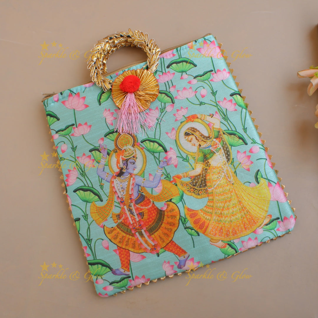 Gorgeous Radha Krishna Pichwai printed 8.5*8 inch rectangle bags round handle