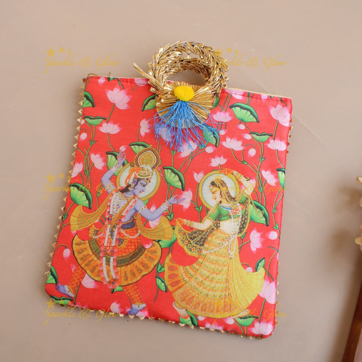 Gorgeous Radha Krishna Pichwai printed 8.5*8 inch rectangle bags round handle