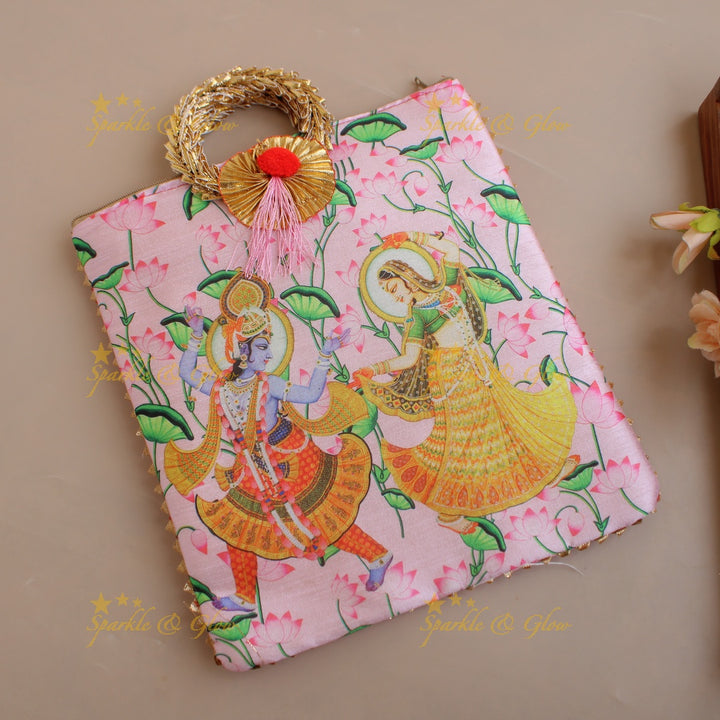 Gorgeous Radha Krishna Pichwai printed 8.5*8 inch rectangle bags round handle