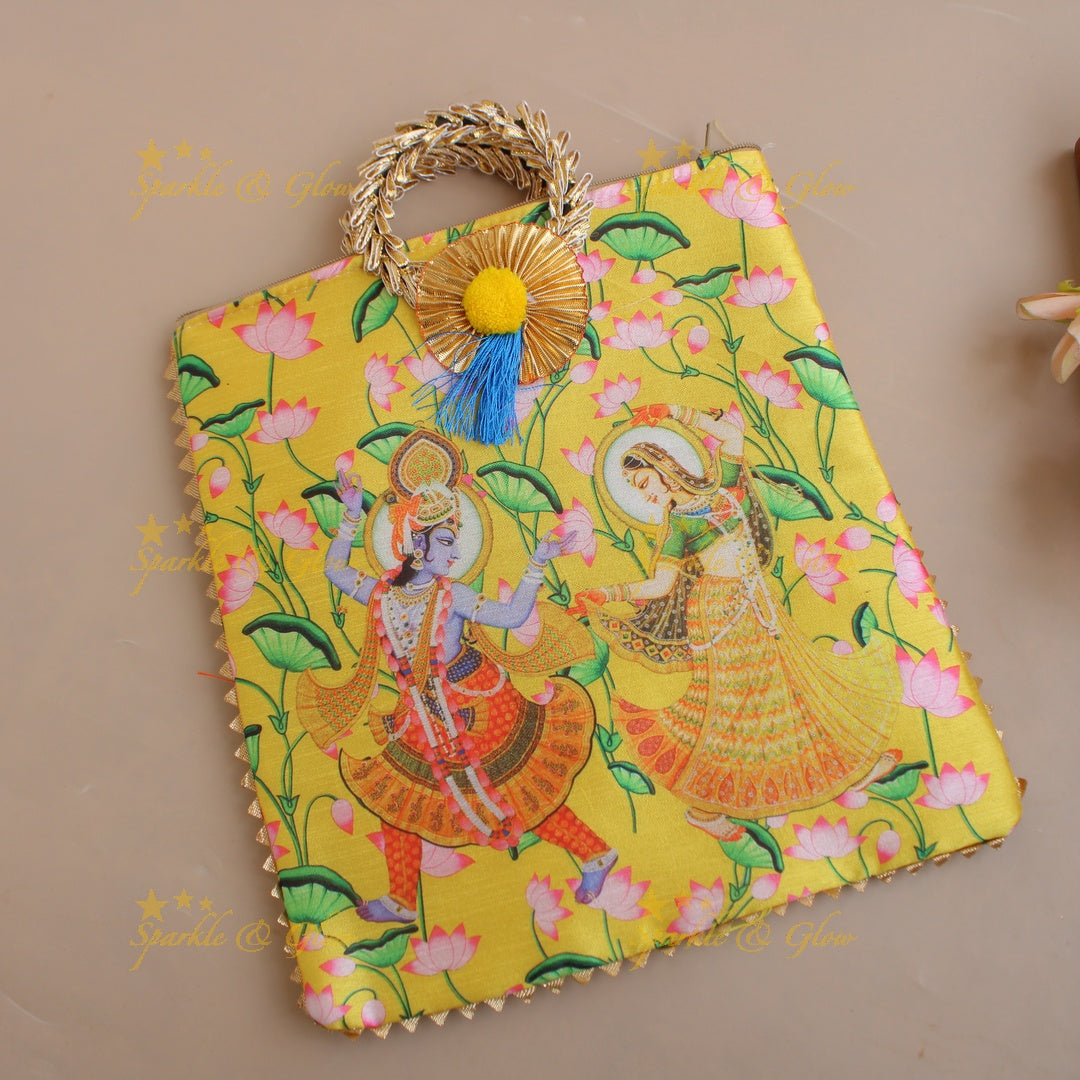 Gorgeous Radha Krishna Pichwai printed 8.5*8 inch rectangle bags round handle