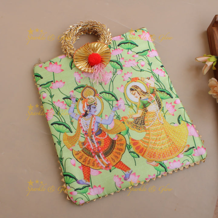 Gorgeous Radha Krishna Pichwai printed 8.5*8 inch rectangle bags round handle