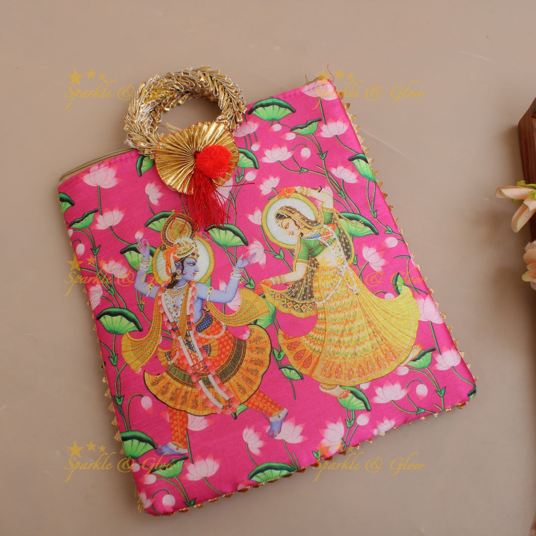 Gorgeous Radha Krishna Pichwai printed 8.5*8 inch rectangle bags round handle