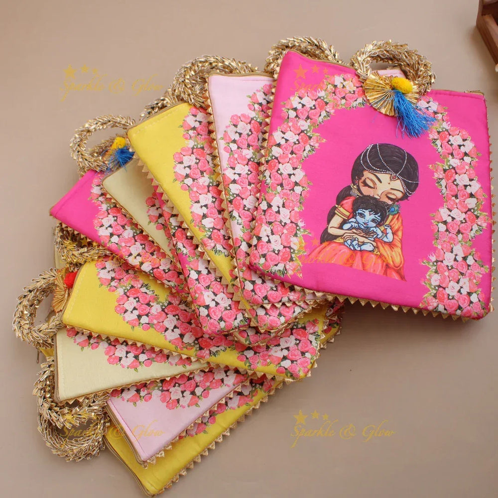 Krishna and Yashodha printed 8.5*8 inch rectangle bags round handle - Sparkle and Glow