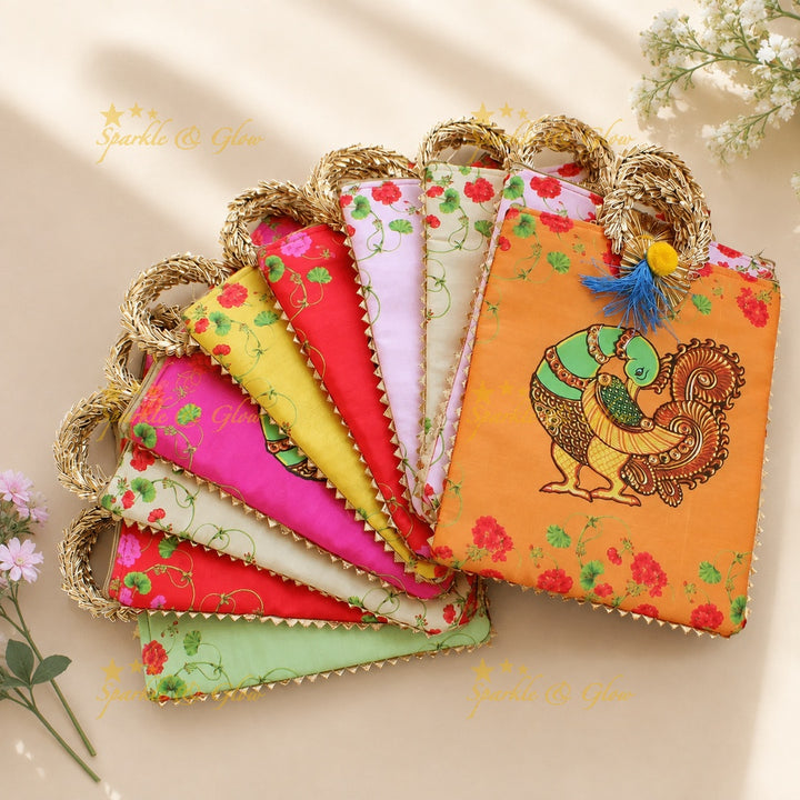 Peacock Print Rectangle Bag with Round Handle- Set of 10pcs