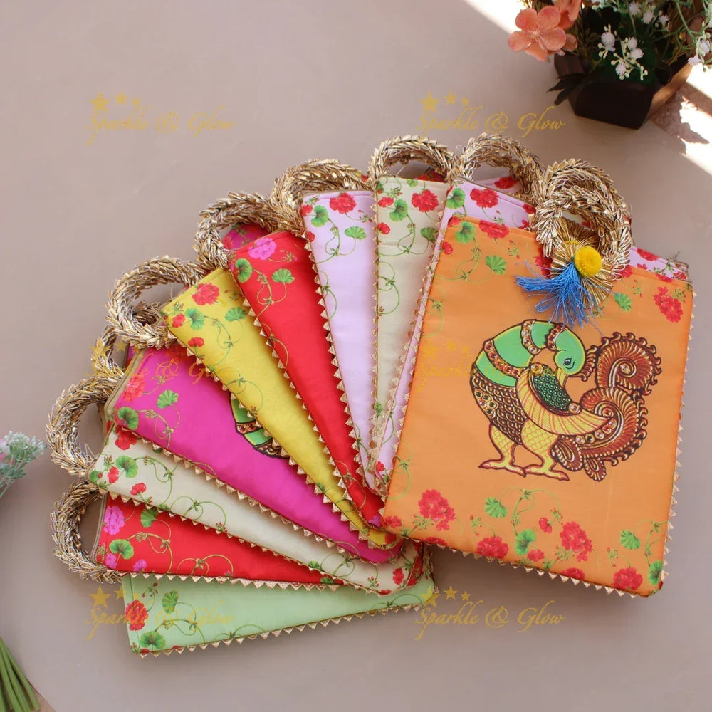 Peacock printed 8.5*8 inch rectangle bags round handle - Sparkle and Glow
