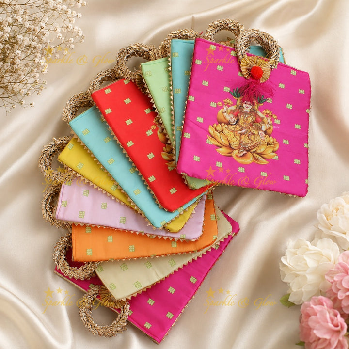 Goddess Lakshmi Printed 8.5" Bag with Round Handle- Set of 10pcs