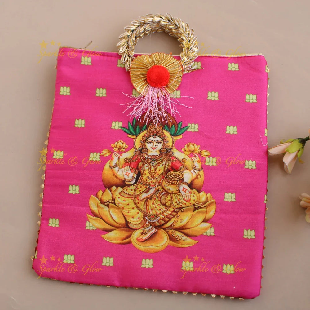 Godess Lakshmi printed 8.5*8 inch rectangle bags round handle - Sparkle and Glow
