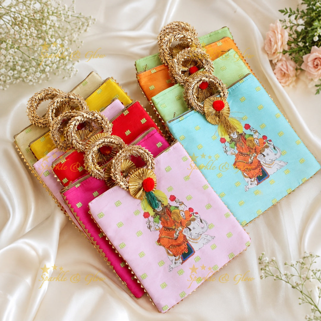 Lakshmi Elephant Print Bag 8.5x8 - Round Handle- Set of 10pcs