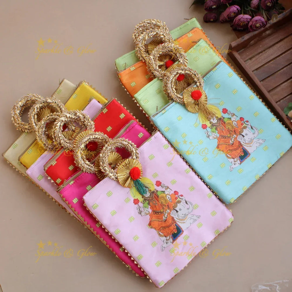 Lakshmi sitting on Elephant print 8.5*8 inch rectangle bags round handle - Sparkle and Glow