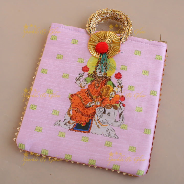 Lakshmi sitting on Elephant print  8.5*8 inch rectangle bags round handle
