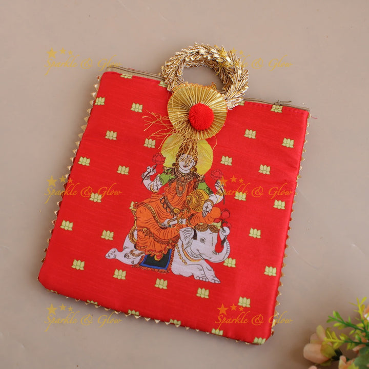 Lakshmi sitting on Elephant print  8.5*8 inch rectangle bags round handle