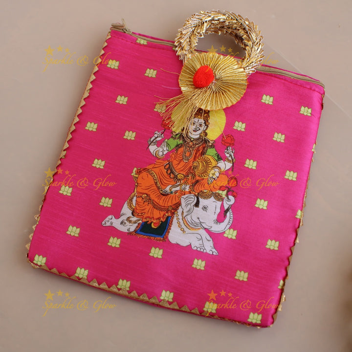 Lakshmi sitting on Elephant print  8.5*8 inch rectangle bags round handle