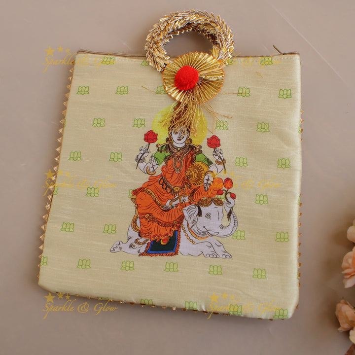 Lakshmi sitting on Elephant print  8.5*8 inch rectangle bags round handle
