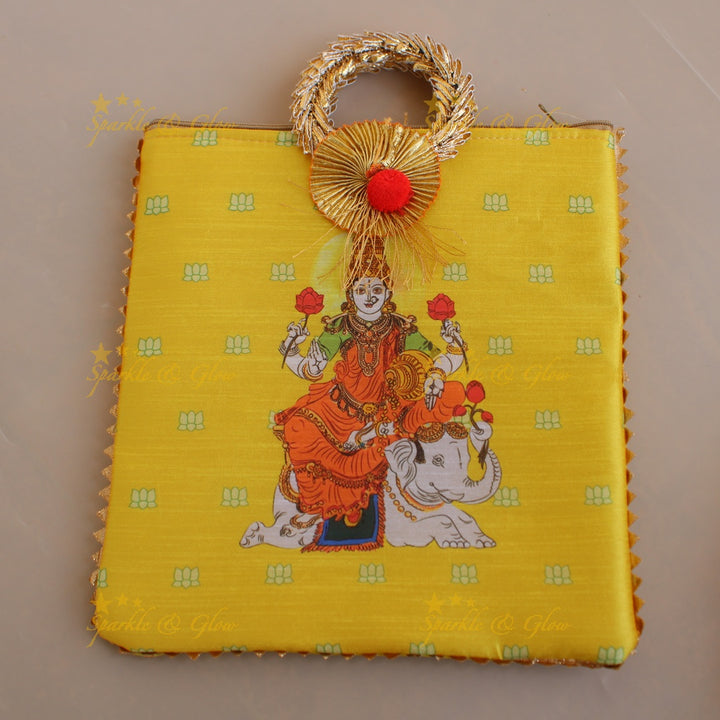 Lakshmi sitting on Elephant print  8.5*8 inch rectangle bags round handle