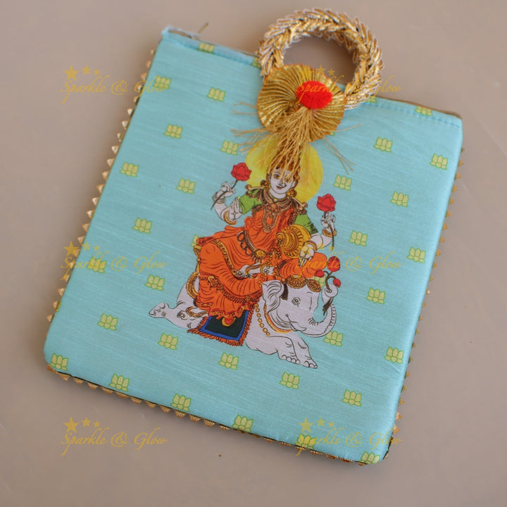 Lakshmi sitting on Elephant print  8.5*8 inch rectangle bags round handle