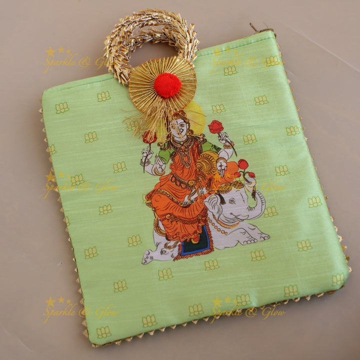 Lakshmi sitting on Elephant print  8.5*8 inch rectangle bags round handle
