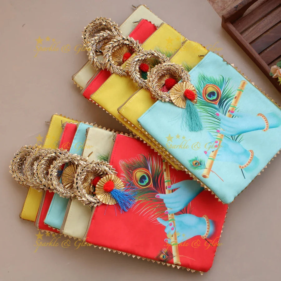 Krishna Flute and Feather print 8.5*8 inch rectangle bags round handle - Sparkle and Glow