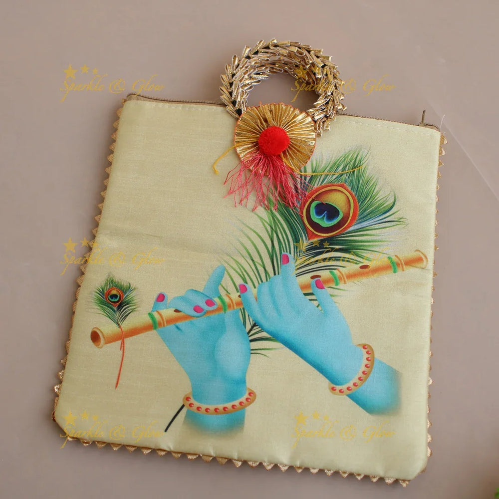 Krishna Flute and Feather print 8.5*8 inch rectangle bags round handle - Sparkle and Glow